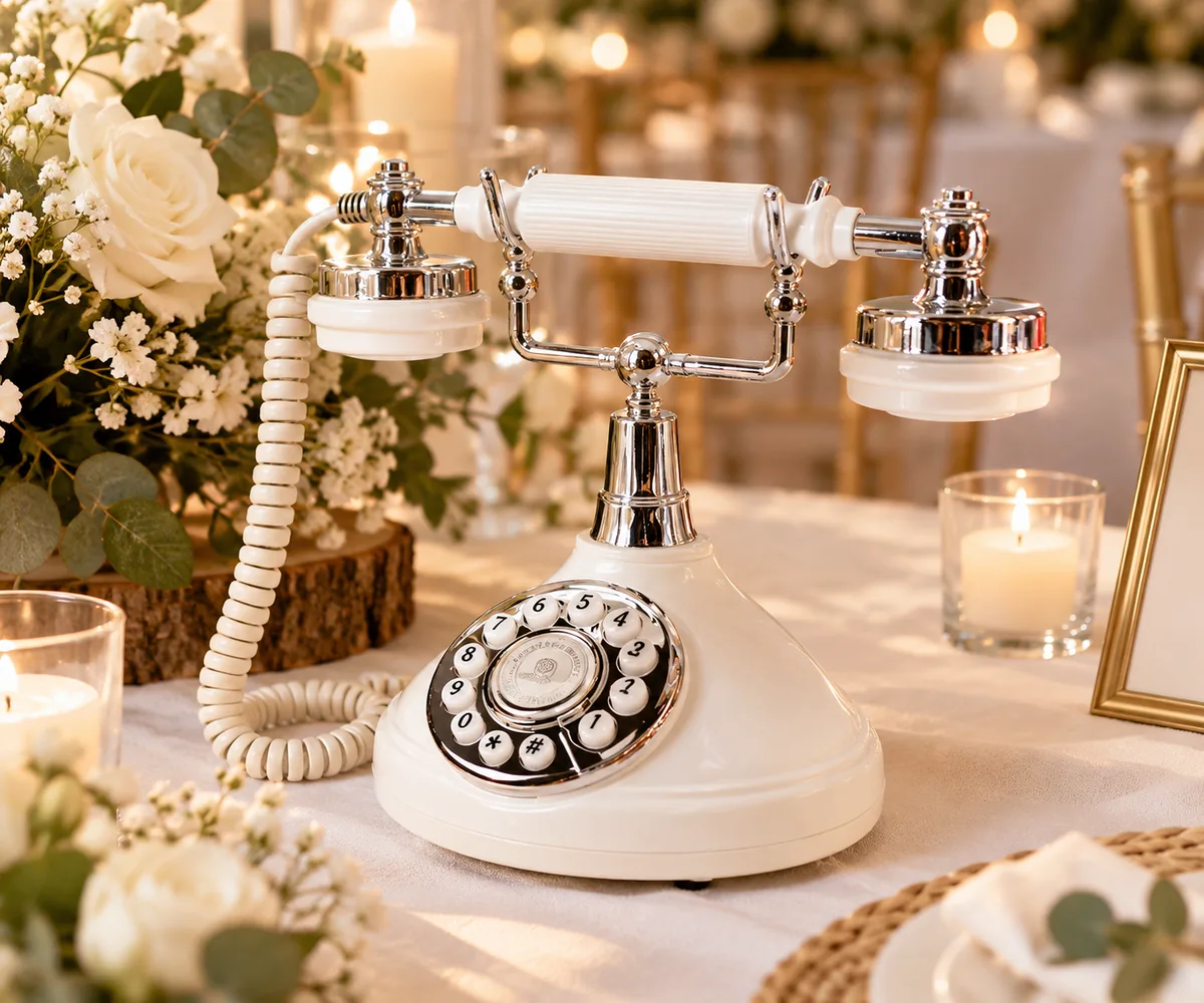Livre d'or audio : téléphone vintage blanc sur une table de mariage, entre fleurs et bougies